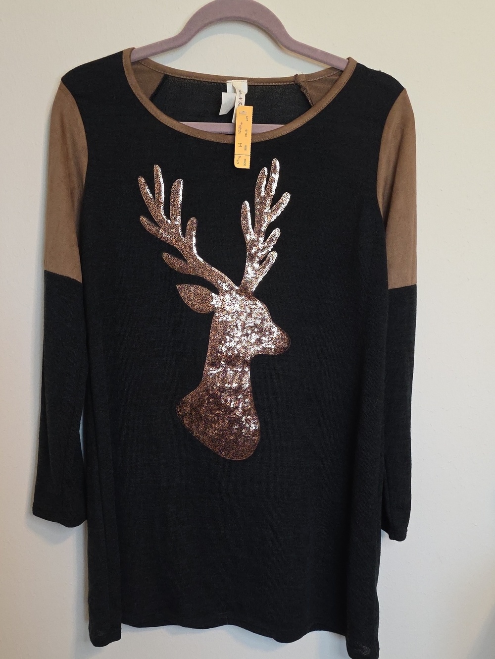 Black Tunic Top with Gold Sequin Deer